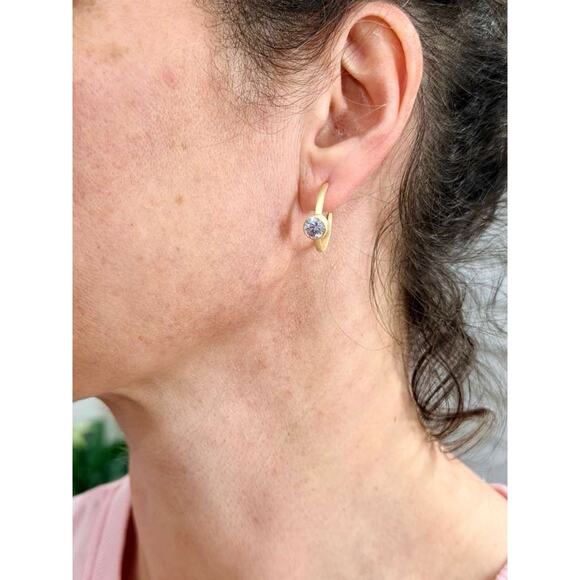 Gold Over 925 Sterling Silver Open Hoop CZ Earrings Solitaire Pushback - Picture 3 of 11